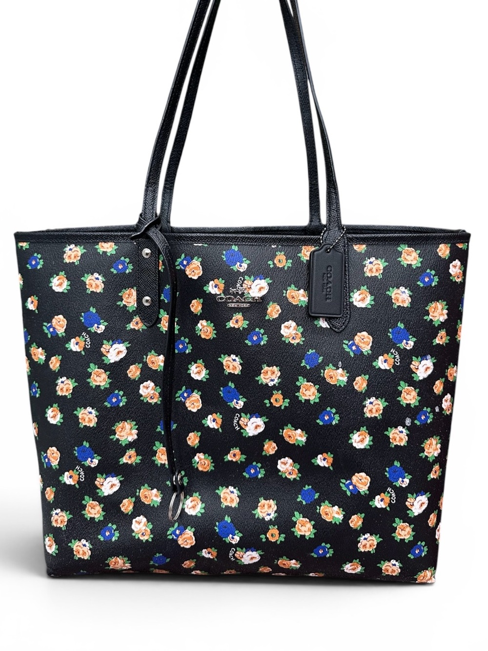 Coach Reversible Floral Market Tote Black Crossgrain Leather Shopper Bag
